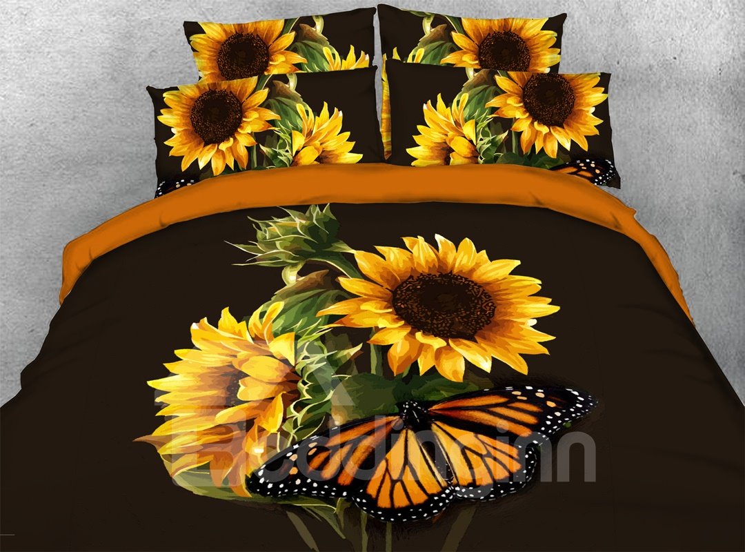 3D-Bettdecke mit Sonnenblumen und Schmetterlingen, weich, leicht, warm, 5-teiliges Blumen-Bettdecken-Set/Bettwäsche-Set aus Mikrofaser 