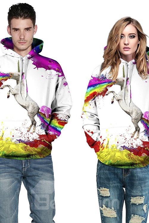 Sudadera con capucha pintada en 3D con patrón de arco iris colorido de unicornio de manga larga