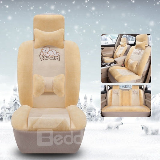 5 Seats Winter Warm Plush Car Seat Cover Full Coverage Cartoon Bear Seat Cover Thickened Plush Universal Fit Seat Covers