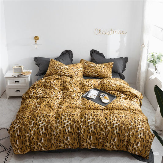 Juego de cama moderno de 3 piezas con estampado de leopardo dorado y funda nórdica de algodón suave 