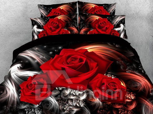 Juego de edredón de 5 piezas con rosas rojas románticas en 3D, suave, ligero, cálido, floral, juego de cama de microfibra 