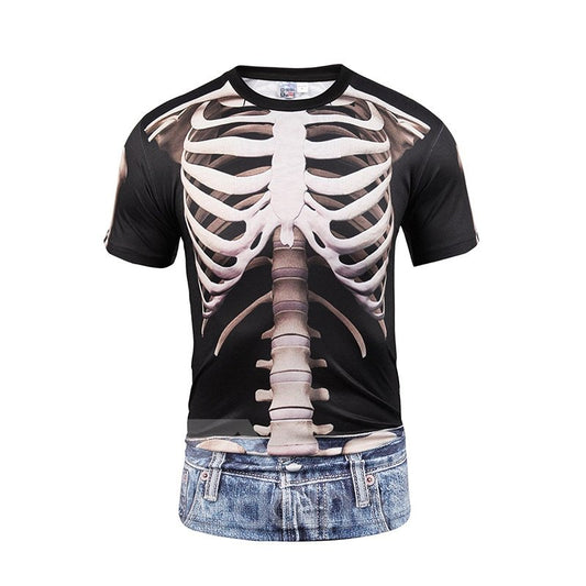 3D-T-Shirt für Männer mit menschlichem Skelett und schwarzem Muster und Jeansdruck