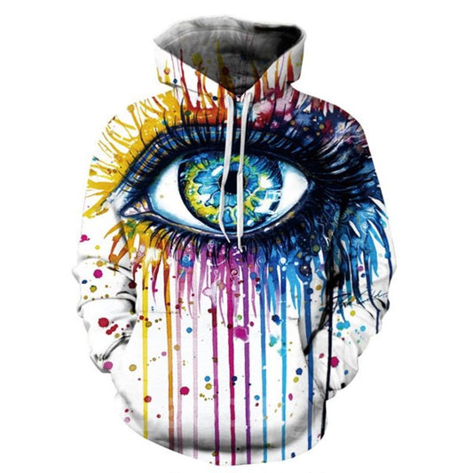 Sudadera con capucha pintada en 3D con bolsillo y patrón de ojos grandes de manga larga colorida