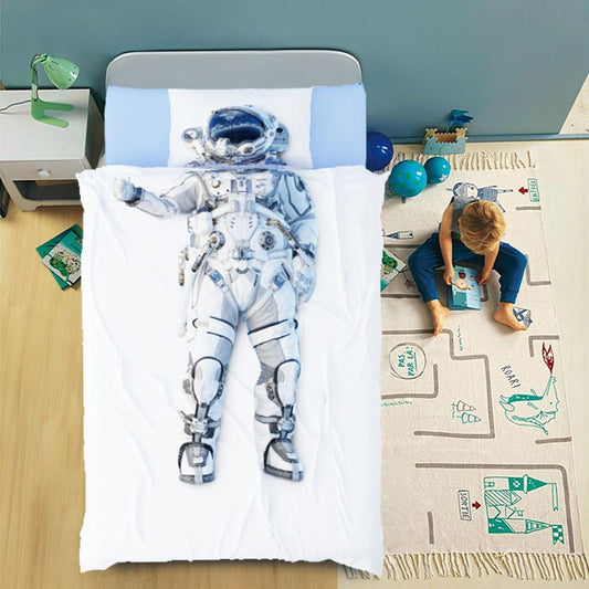 Juego de funda nórdica de 4 piezas con astronauta 3D, ropa de cama de satén de algodón de alta calidad, transpirable, resistente al desgaste, espacio azul, años 60 