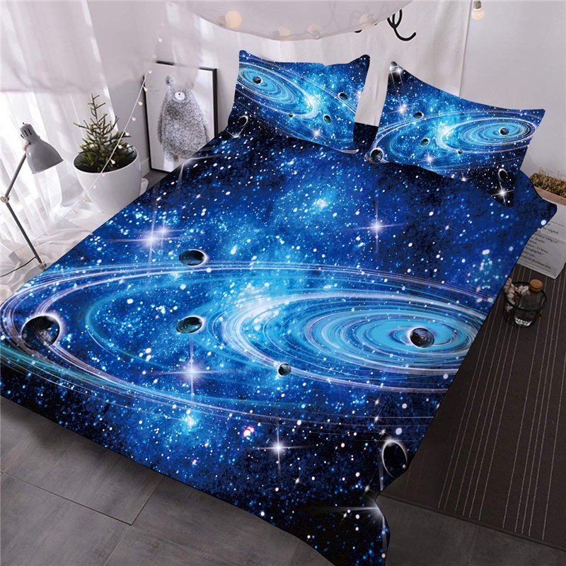 3D Glaxay Printed Bedding Set, 4-Piece Microfiber Planetary System Duvet Cover Set with Flat Sheet 2 Pillowcases