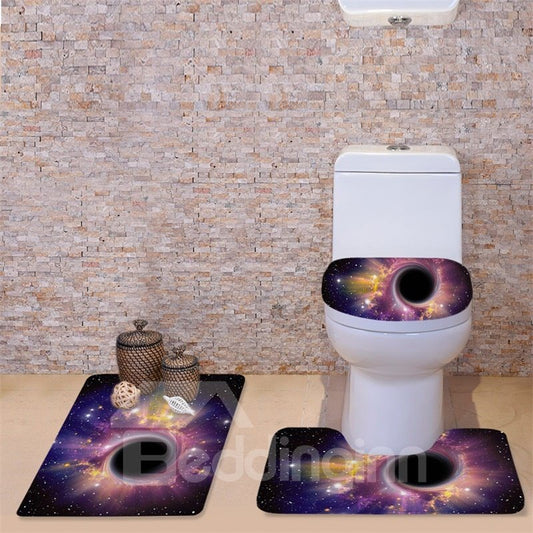 3-teiliger schwarzer Toilettensitzbezug aus Flanell mit 3D-Spiralgalaxie-Aufdruck in Schwarz