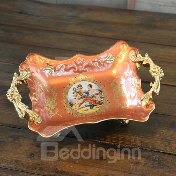 Maravilloso plato de fruta rectangular de cerámica naranja, cerámica pintada