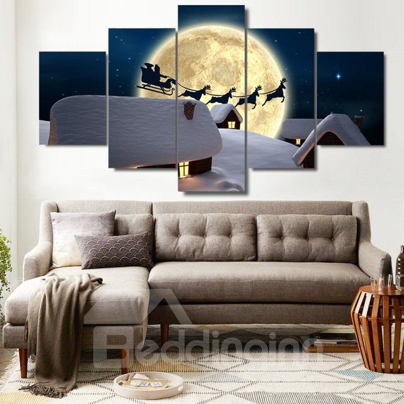 Snowy Cabins and Christmas Deer Moonsky Hanging 5-Piece Canvas Eco-friendly Waterproof Non-framed Prints