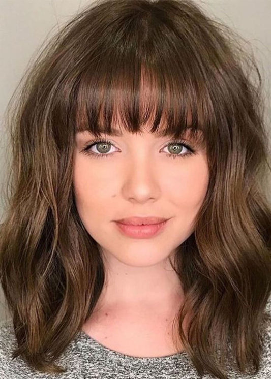 Cute Bangs Hairstyles Women's Middle Length Wavy Synthetic Hair Wigs Natural Looking Capless Wigs