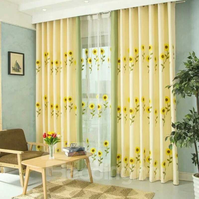 Decoration and Blackout Blooming Sunflowers Natural and Modern Style Polyester Curtain