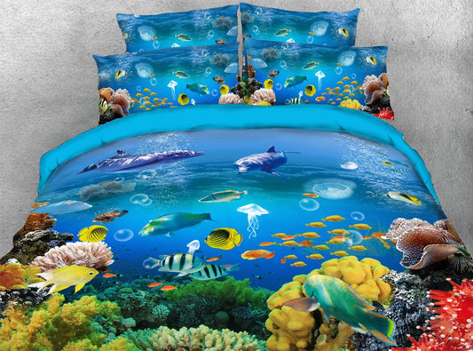 Nur in den USA, 4-teiliges Bettbezug-Set/Bettwäsche-Set „Unterwasserfisch 3D“, langlebiger Reaktivdruck, Bettbezug mit Reißverschluss und Bändern, lichtecht, weiches Blau 