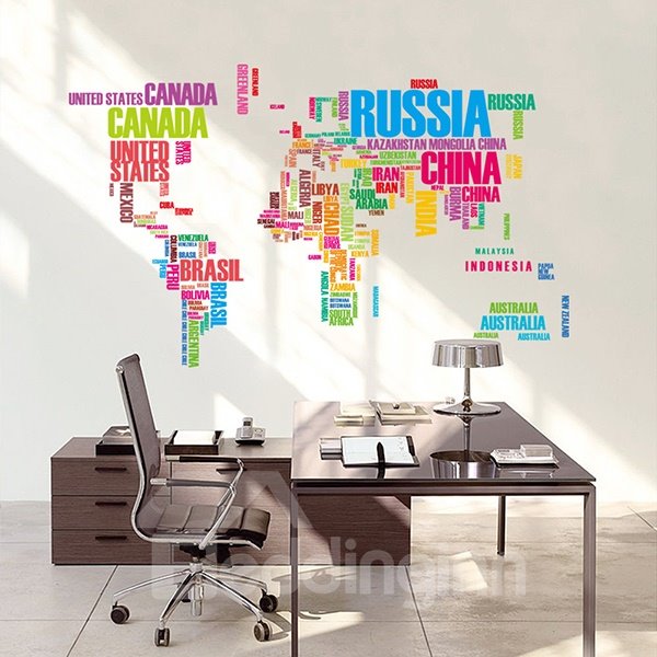 Etiqueta engomada desprendible de la pared del mapa del mundo de las letras coloridas creativas 