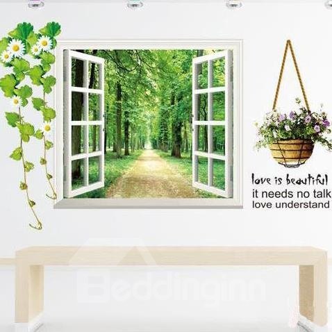 3D-Fenster-Wandaufkleber-Set mit grünem Wald, der den Pfad und den Blumenkorb umgibt