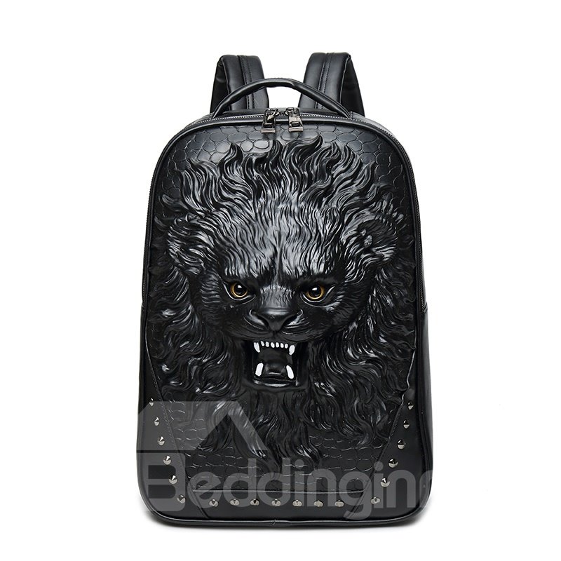 Lion Roar Head 3D PU Leather Durable Casual Laptop Backpack School Bag