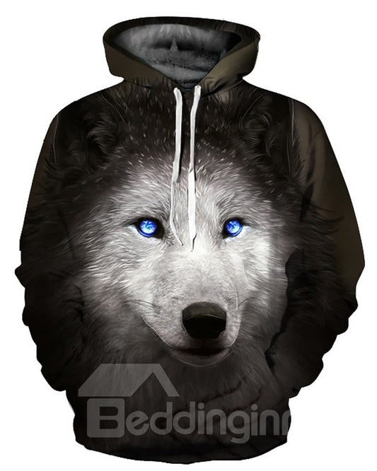 Cool Long Sleeve Wolf with Blue Eyes Pattern 3D Painted Hoodie