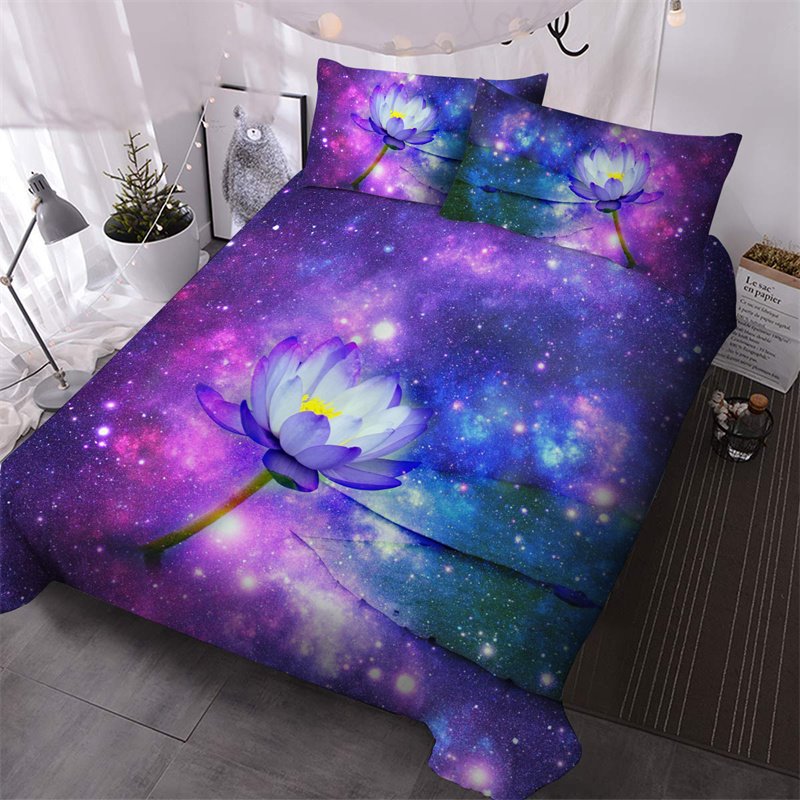 Juego de edredón con estampado 3D de Lotus Galaxy, ropa de cama morada de 3 piezas, ultrasuave, sin decoloración, 1 edredón y 2 fundas de almohada 