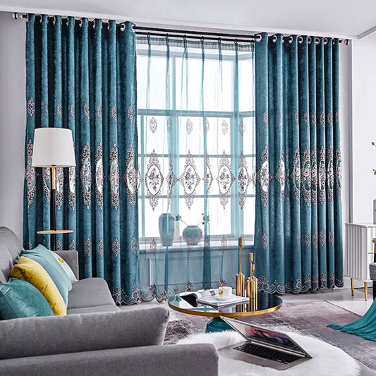 Elegant Blue Floral Embroidery Shading Curtains Blackout Curtain for Living Room Bedroom Custom 2 Panels Drapes No Pilling No Fading No off-lining