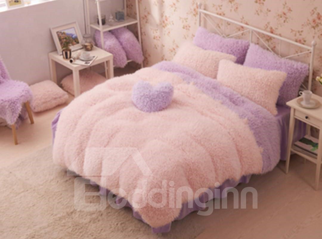 Bonita funda nórdica mullida de 4 piezas estilo princesa, juego de cama morado de felpa suave para niñas