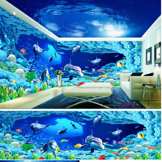 Blaue, lebensechte Delfine im Meeresmuster, wasserfest, kombinierte 3D-Decken- und Wandgemälde
