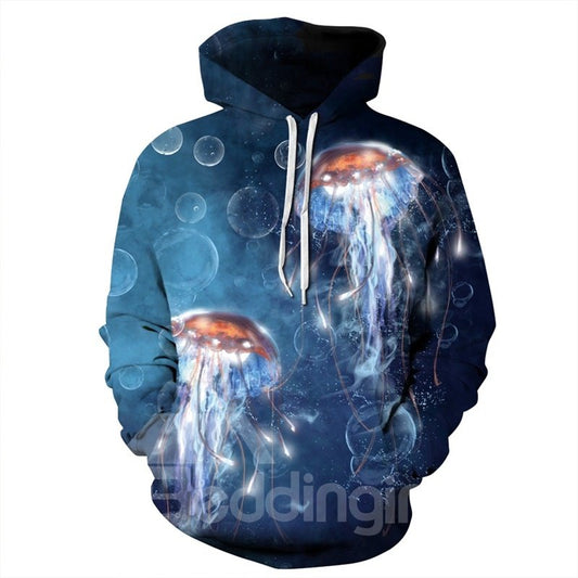 Sudadera con capucha pintada en 3D con patrón de mundo marino de medusas de manga larga