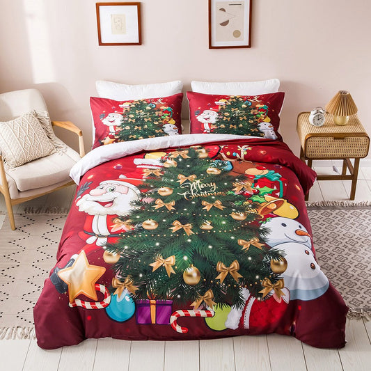 Red Christmas 3D Duvet Cover Set 3-Piece Bedding Set Winter Holidays Theme Christmas Tree Print with 2 Pillow Shams No-fading Colorfast Wear-resistant Full Queen King