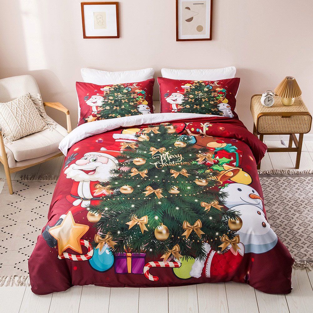 Rotes Weihnachts-3D-Bettbezug-Set, 3-teiliges Bettwäscheset, Winterferien-Thema, Weihnachtsbaum-Druck mit 2 Kissenbezügen, lichtecht, farbecht, verschleißfest, komplettes Queen-Size-Bett 