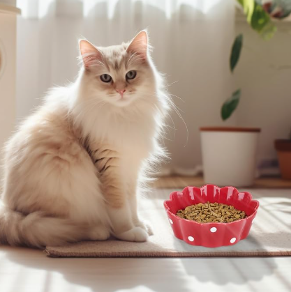 Cat Basic Bowl, Polka Dot Ceramic Pet Food Dish, Non-Slip Bottom Design for Kittens and Small Dogs