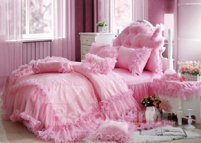 Cinderella Lace Pure Color Cotton 4-Piece Bedding Sets/Duvet Cover