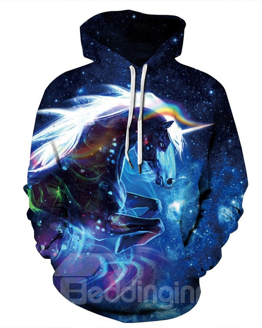 Leichter Einhorn-Pullover, loses Modell, Kängurutasche, 3D-bemalter Kapuzenpullover