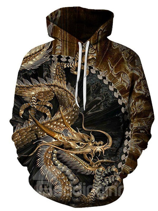 Stückgefärbter 3D-Drachen-Druck, lockerer Herren-Pullover, Kapuzenpullover, 95 % Polyester, 4 % Elasthan, bequemer, weicher, atmungsaktiver und langlebiger Stoff 