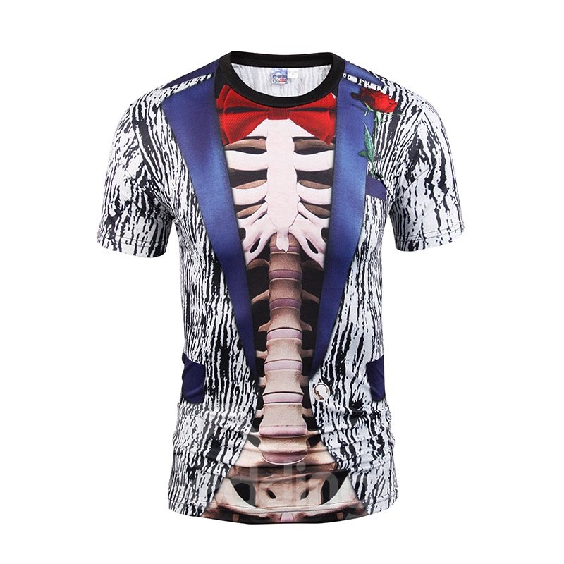 3D-T-Shirts für Herren mit menschlichem Skelett und Fliege, bedruckt mit Rundhalsausschnitt aus Polyester