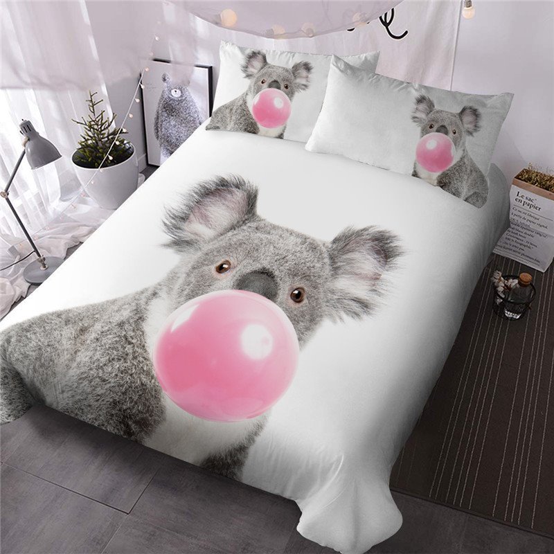Bubbling Koala Einfaches dreiteiliges Set aus Reaktivdruck-Polyester mit 1 Bettdecke und 2 Kissenbezügen 
