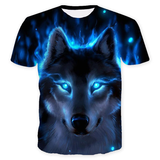 Camiseta informal de manga corta con cuello redondo y estampado de ojos azules de lobo fresco en 3D para hombre con tela cómoda y transpirable 