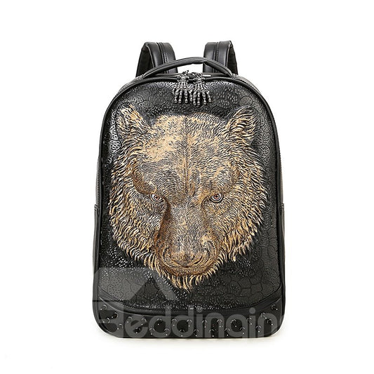 Tiger Head 3D PU Leather Casual Laptop Backpack School Bag