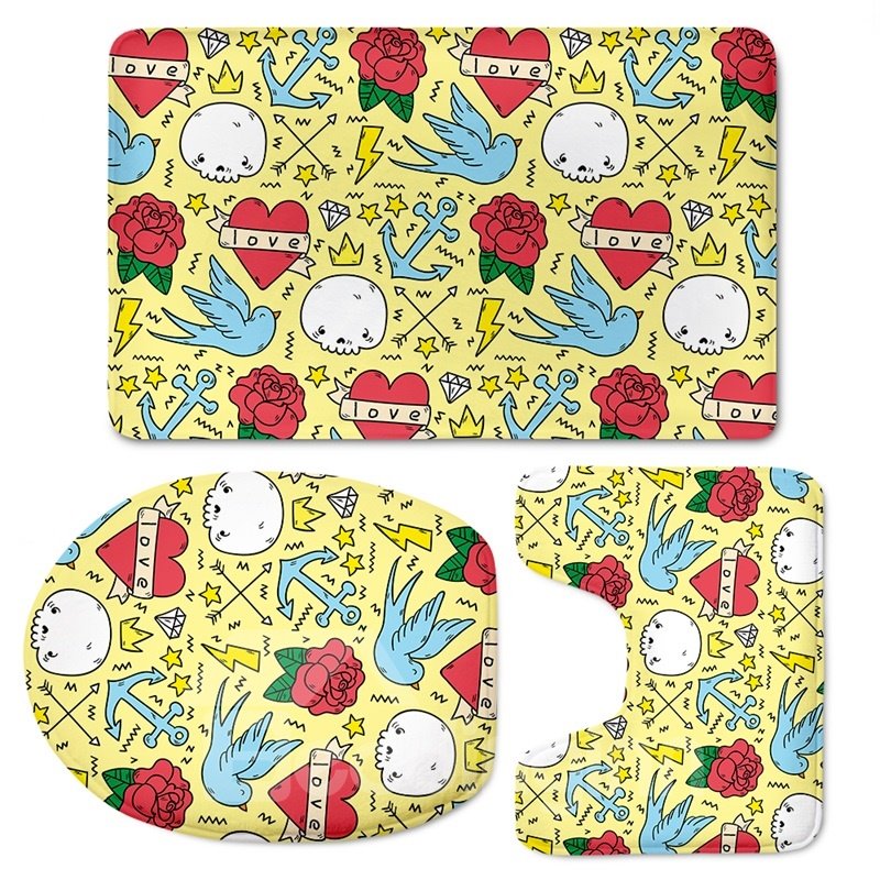 Flowers Birds Pattern 3-Piece Flannel PVC Soft Water-Absorption Anti-slid Toilet Seat Covers