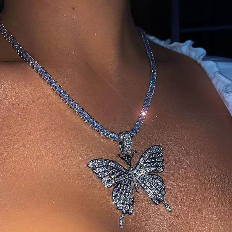 Fashion Sparkling Women Butterfly Diamante Pendant Necklace Party Jewelry