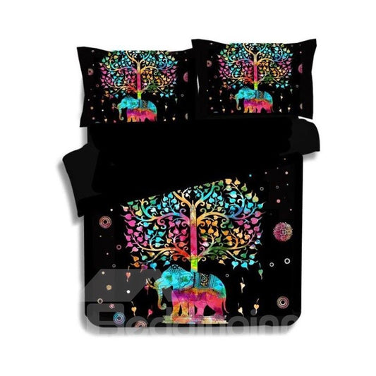 3D Colorful Elephant and Tree Printed Polyester 3-Piece Black Bedding Sets