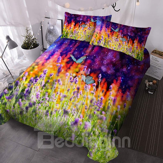 Purple Lavender 3D Floral Lightweight Comforter 3 Pieces Microfiber No-Fading Comforter Set with 2 Pillowcases