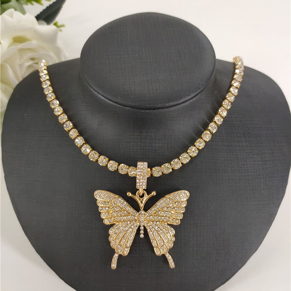 Fashion Sparkling Women Butterfly Diamante Pendant Necklace Party Jewelry