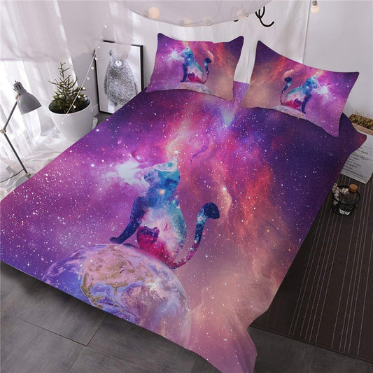Lila Galaxie und Katze, 3-teiliges Bettdecken-Set, 3D-gedrucktes Bettwäsche-Set, farbecht, verschleißfest, langlebig, hautfreundliche Mikrofaser 
