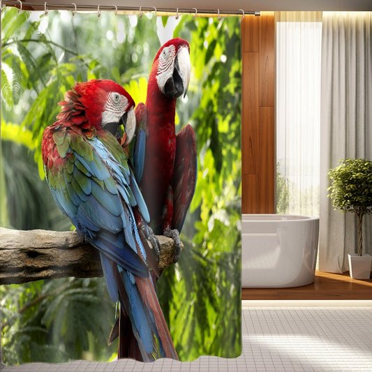 Parrot Couple Printed Shower Curtain Set with Hooks for Bathroom, Tropical Bird Theme Decorative Shower Curtain