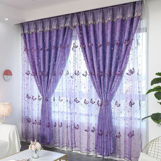 European Butterfly Embroidery Purple Curtain Sets Sheer and Lining Blackout Curtain for Living Room Bedroom Decoration No Pilling No Fading No off-lining