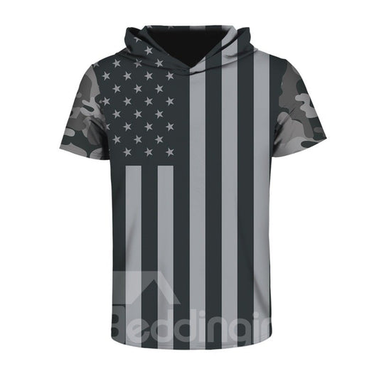 Camiseta de manga corta con capucha 3D de spandex cómoda con patrón blanco y negro de la bandera de EE. UU. para hombres