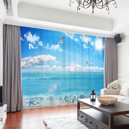 3D Modern Ocean Landscape Decoration Chiffon 2 Panels Sheer Curtains for Living Room 30% Shading Rate No Pilling No Fading No off-lining