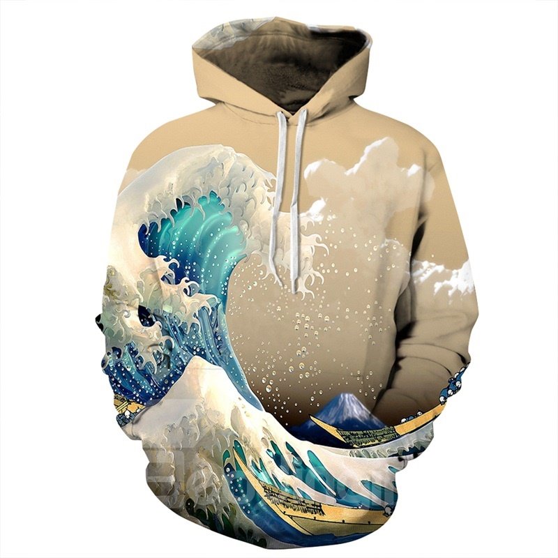 Popular Long Sleeve Mountain Sea Yellow Waves Pattern 3D Painted Hoodie