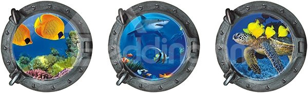 Etiqueta de la pared impermeable azul 3D redonda de 3 piezas de peces, delfines y tortugas de estilo natural