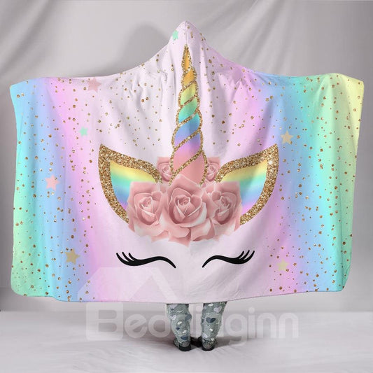 Multi Color Unicorn and Flower Printing Polyester Hooded Blanket