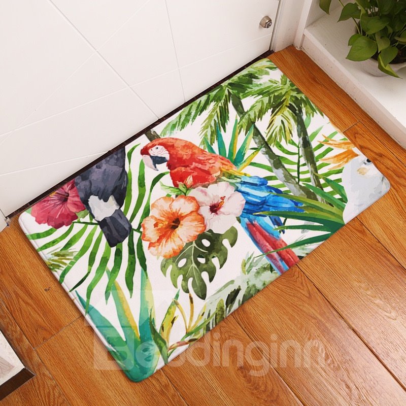 Alfombra de baño antideslizante suave con absorción de agua de franela de loro y plantas tropicales verdes de 16 × 24 pulgadas