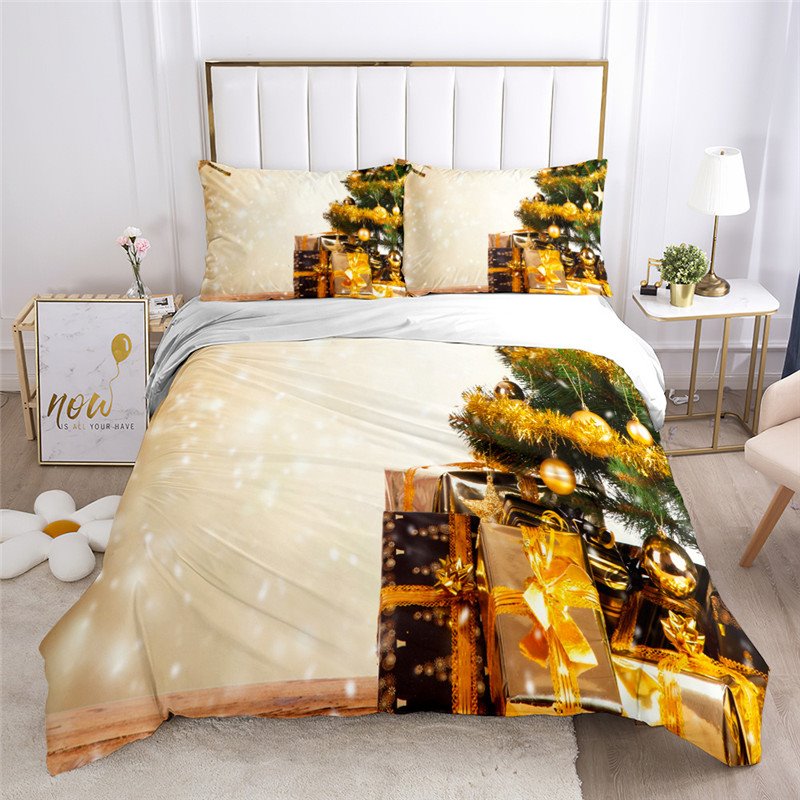 3D-Weihnachtsbaum-Geschenk, 3-teiliges Bettbezug-Set/Bettwäsche-Set, weiches, hautfreundliches Polyester, Gelb, Blau 