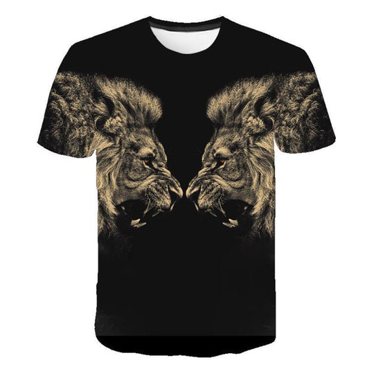 Camiseta negra con estampado 3D de León de lucha para hombre, traje informal creativo para parejas, camisetas holgadas de manga corta con cuello redondo Unisex 